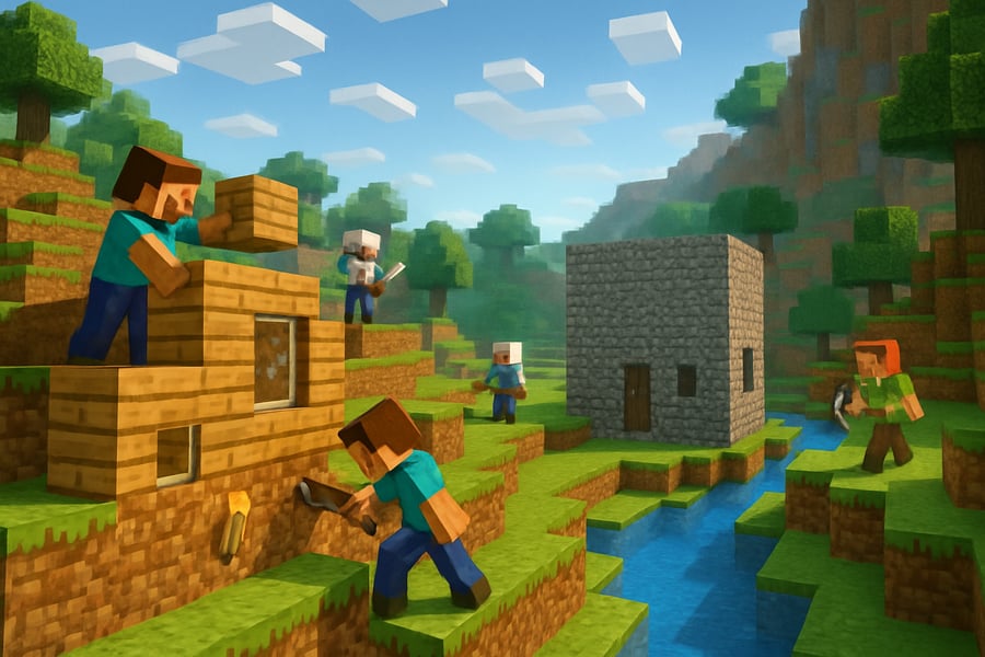 Minecraft landscape with players building and exploring Minecraft landscape with players building and exploring